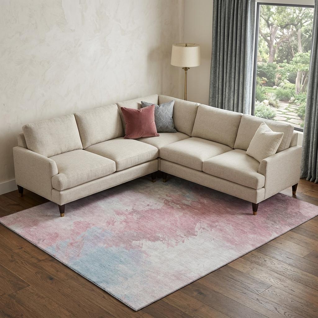 696763 9 x 12 ft. Blush Blue & Ivory Abstract Washable Area Rug with UV Protection