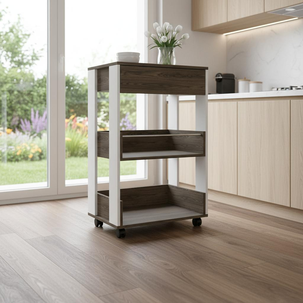 478268 23 in. Dark Brown & White Wood Rolling Kitchen Cart with Storage