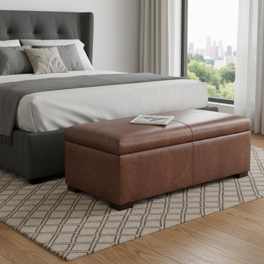 640181 48 in. Brown & Walnut Faux Leather Ottoman with Storage