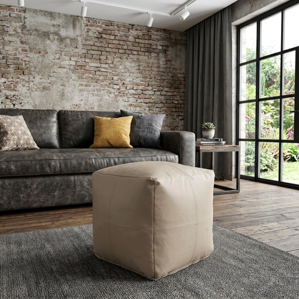 755502 18 in. Beige & Natural Faux Leather Cube Pouf Ottoman