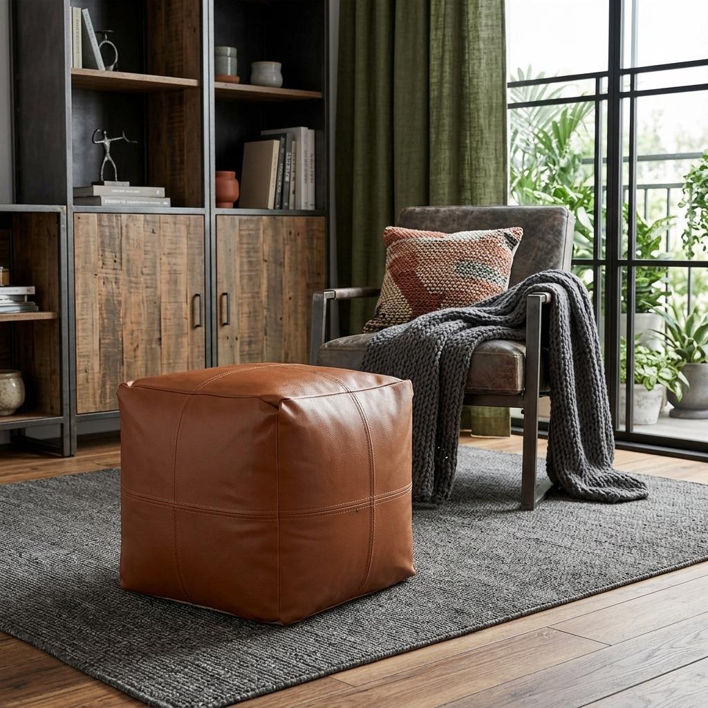 755503 18 in. Brown Faux Leather Cube Pouf Ottoman