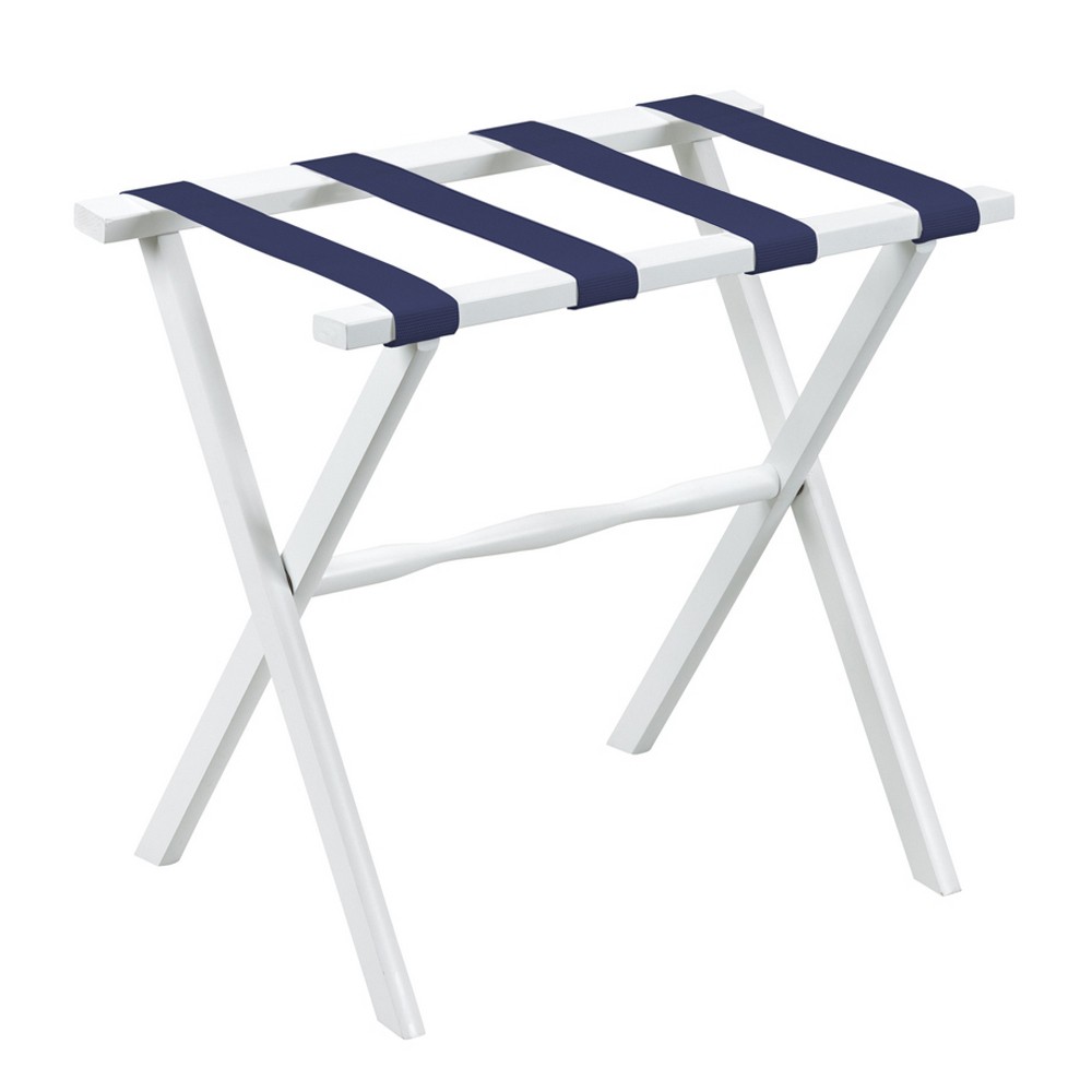 Picture of HomeRoots 383076 Hotel White Finish Wood Folding Luggage Rack with Navy Straps