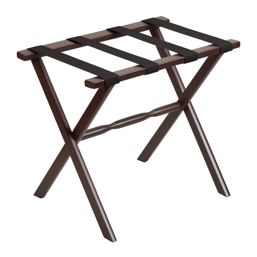 Picture of HomeRoots 383081 Hotel Dark Walnut Finish Wood Folding Luggage Rack with Tan Straps