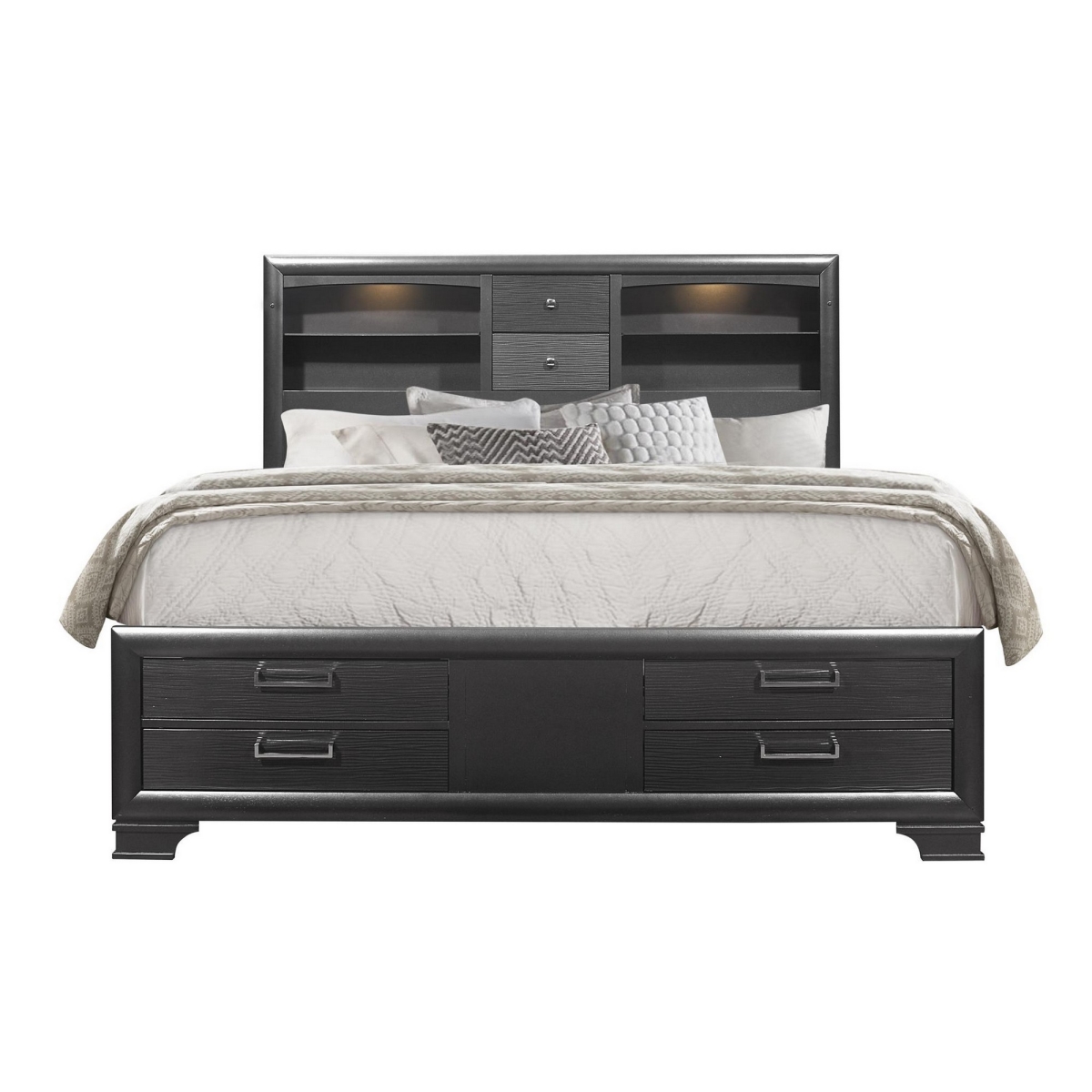 Rubberwood Bed with Bookshelves Headboard LED Lightning 6 Drawer, Grey