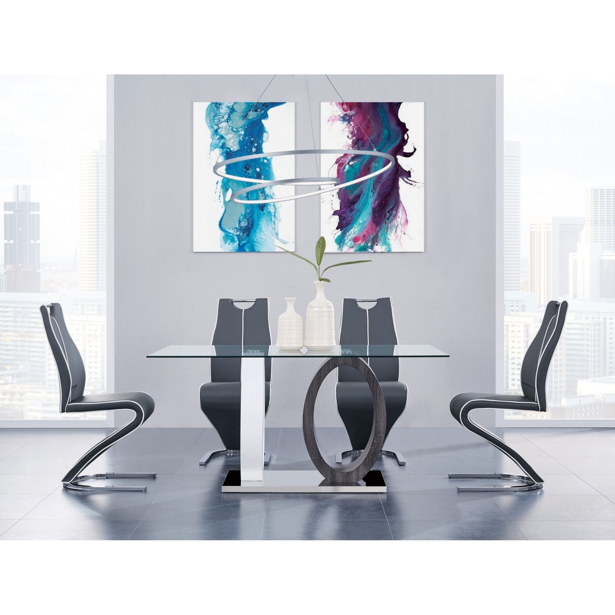 White & Grey Two Toned Oval Design Support with Rectangular Glass Top Dining Table