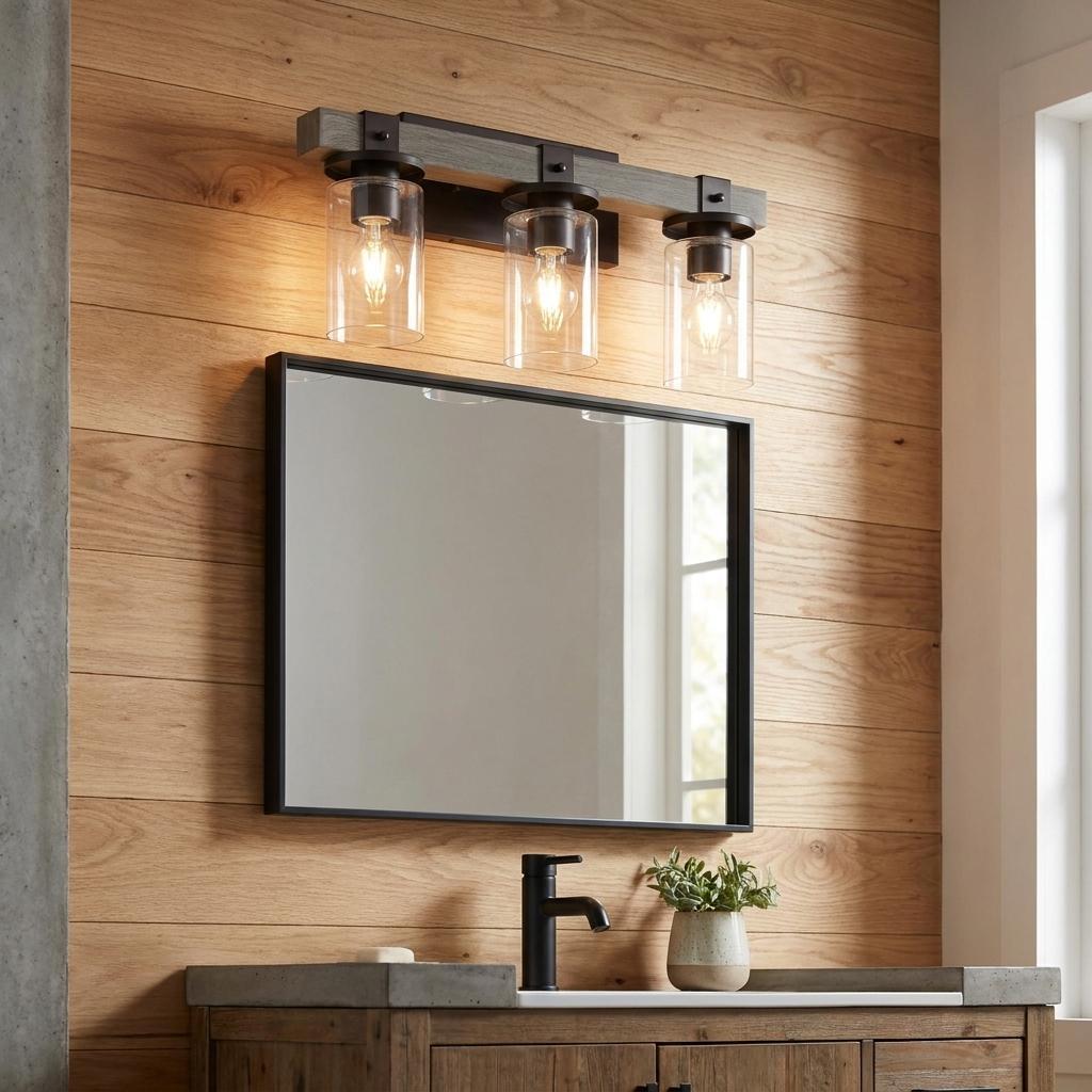 751314 22 in. Brown & Gray Wood Metal & Glass Three Light Bath Bar Vanity Light
