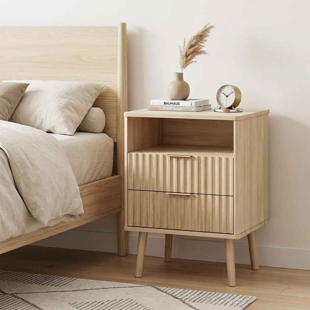 737994 24 in. Natural Wood Ribbed Texture Two Drawer Nightstand