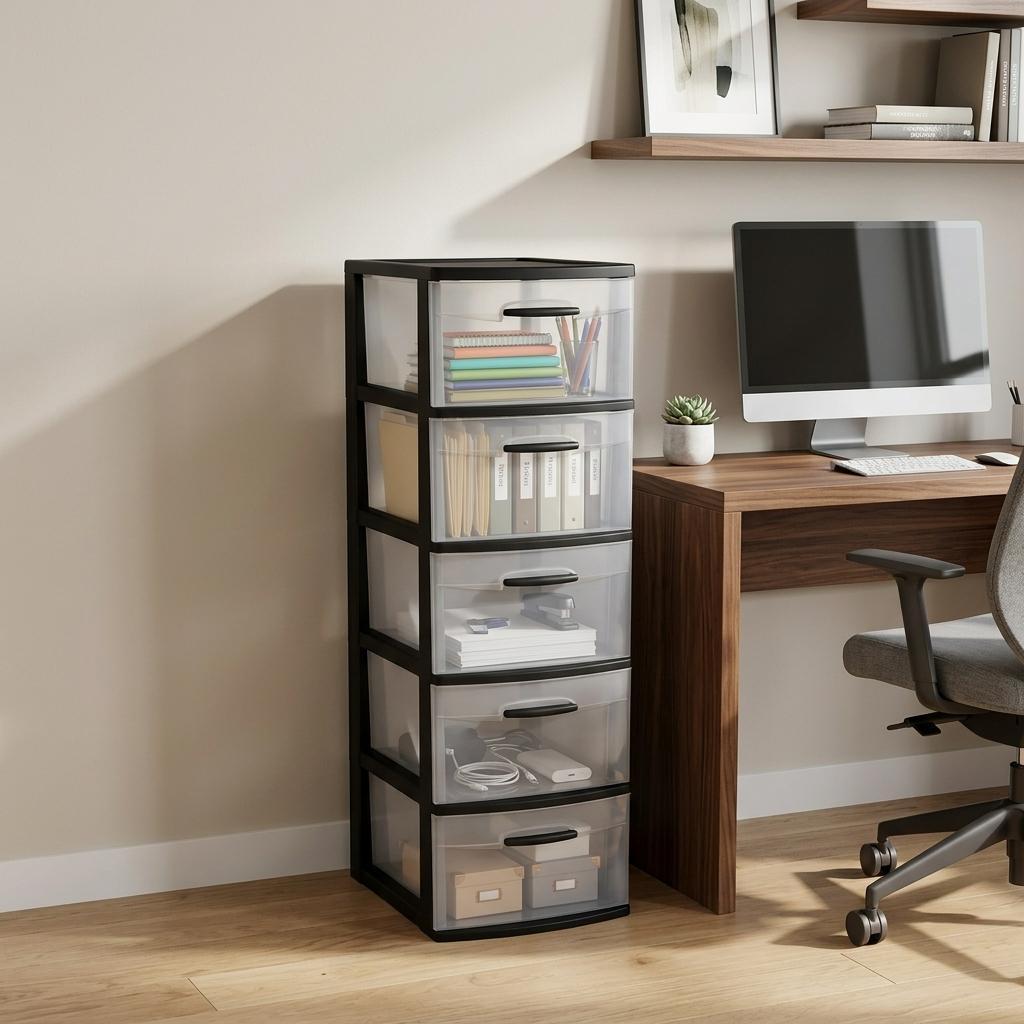 738430 13 in. Black & Clear Heavy Duty Plastic Five Drawer Storage Cabinet
