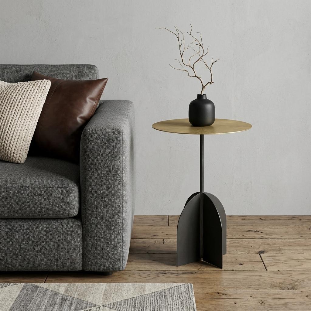 605361 23 in. Brass Brass & Black Iron Round Pedestal End Table