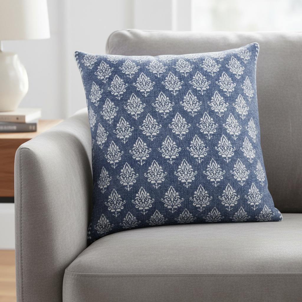 713905 20 in. Blue & White Damask Cotton Throw Pillow Cover