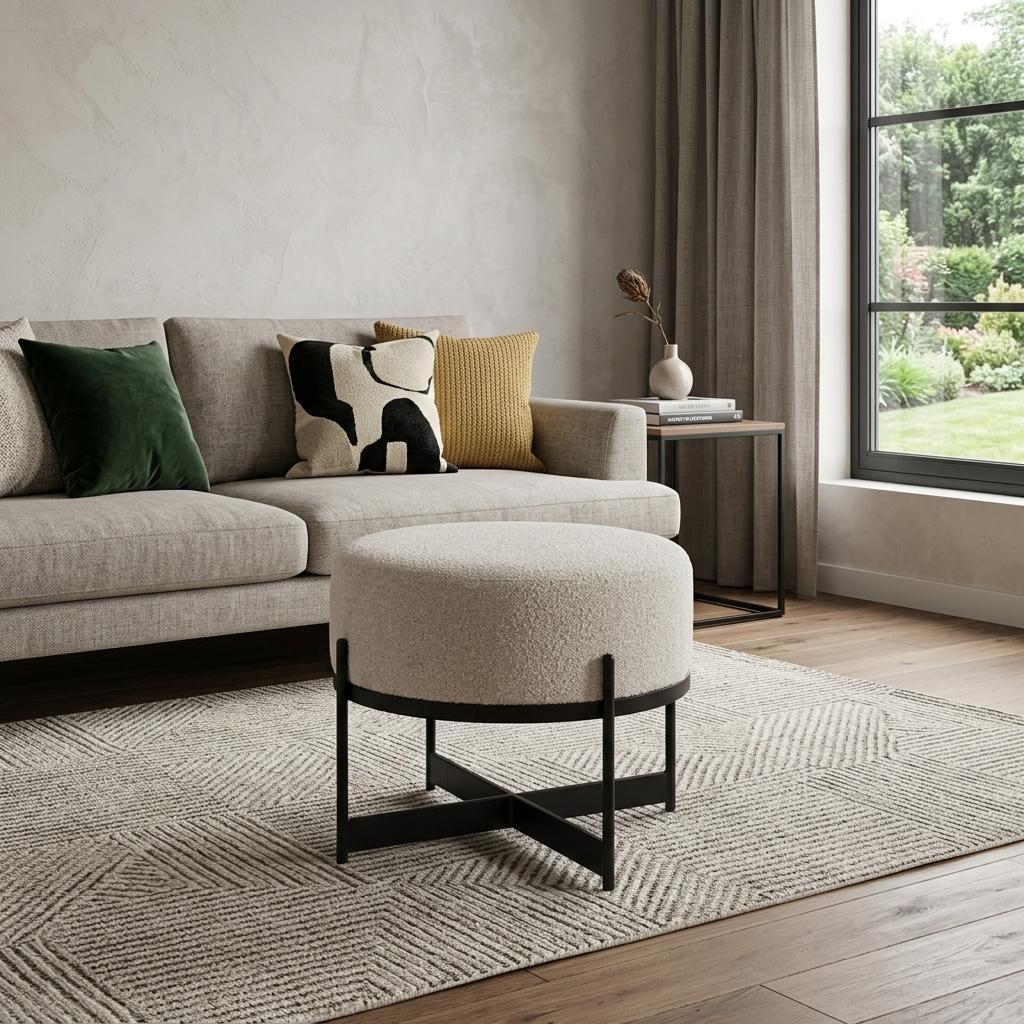 730855 21 in. Cream & Black Boucle & Metal Round Pouf Ottoman