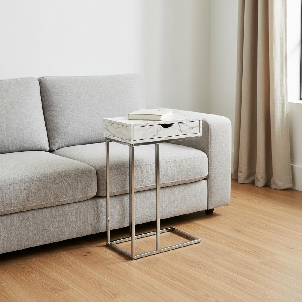489693 24 in. Gray White & Silver Faux Marble & Iron End Table with Drawer