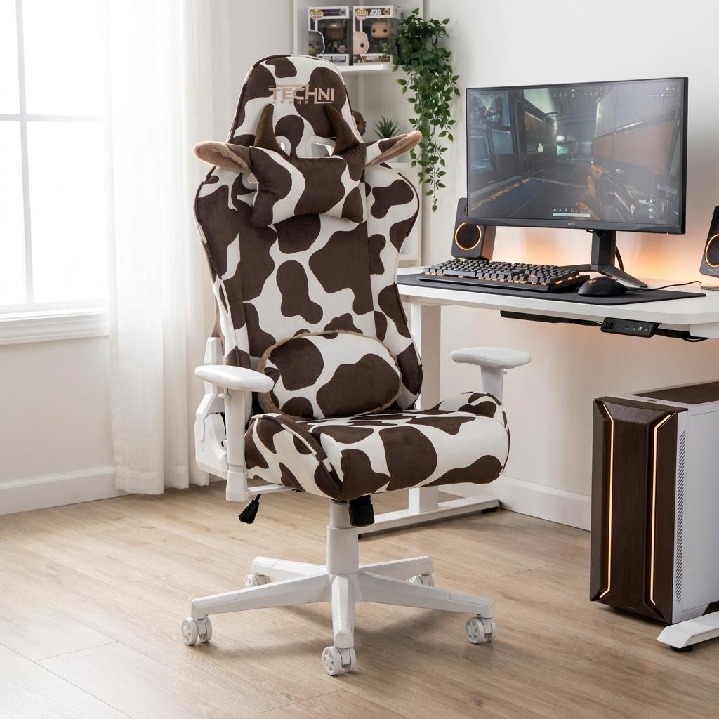 727701 Brown & White Cow Print Adjustable Height Rolling Gaming Chair