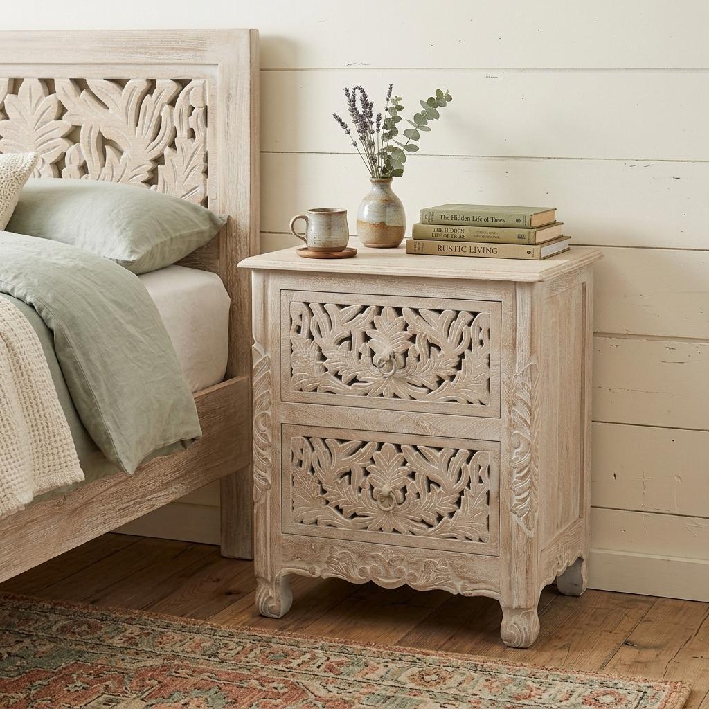 755904 27 in. White Solid Wood Square Distressed Carved Floral Two Drawer Nightstand