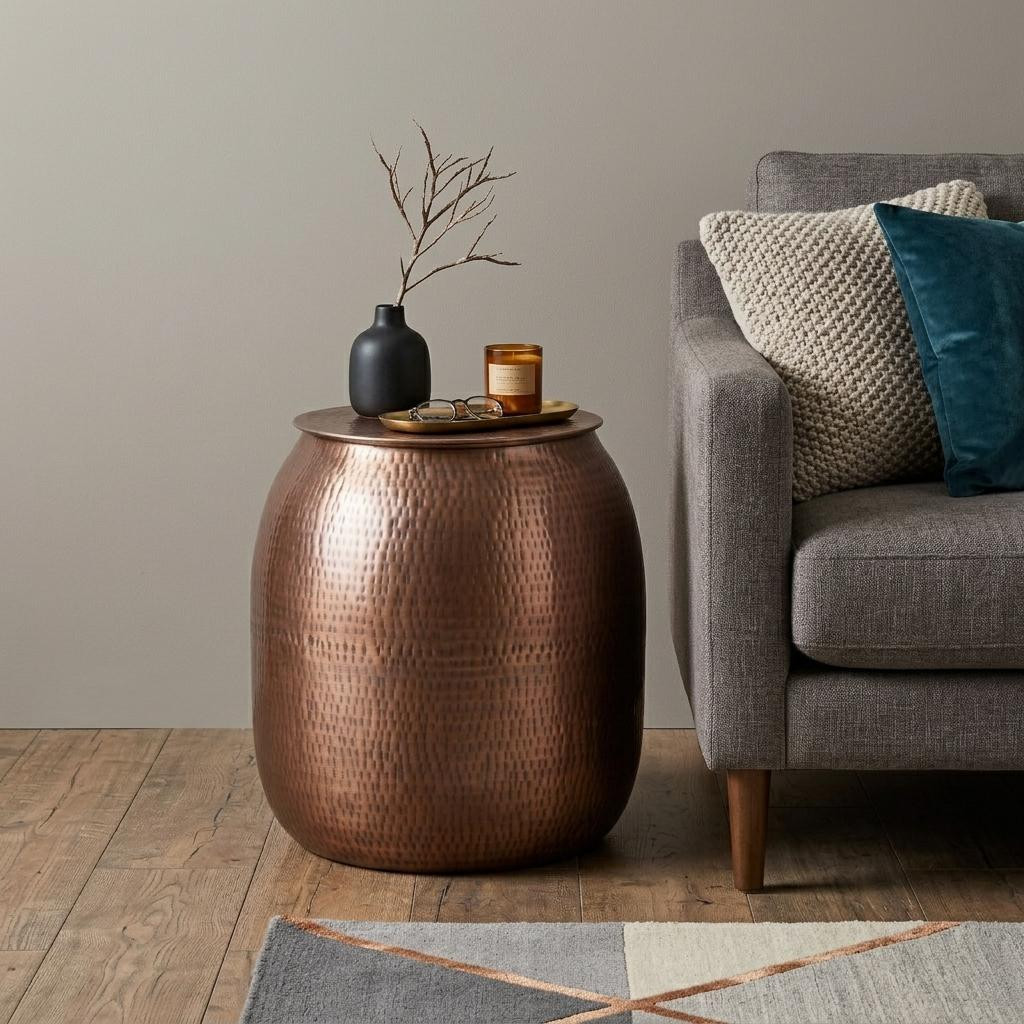 636100 21 in. Hammered Copper Distressed Iron Round Drum End Table