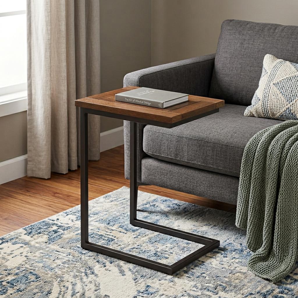 641908 24 in. Powder Coated Dark Brown & Black Solid Wood & Iron End Table