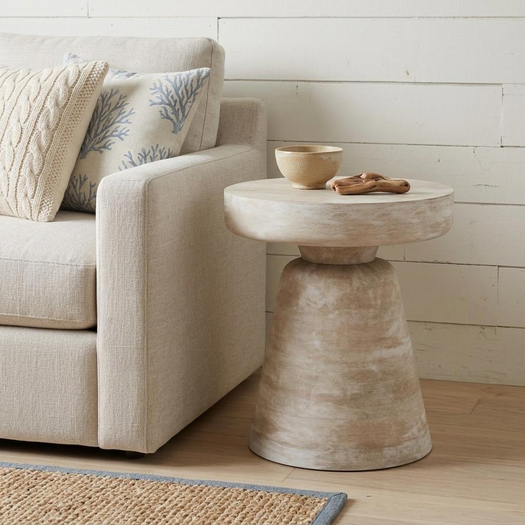641892 18 in. Washed White Distressed Solid Wood Round Pedestal End Table
