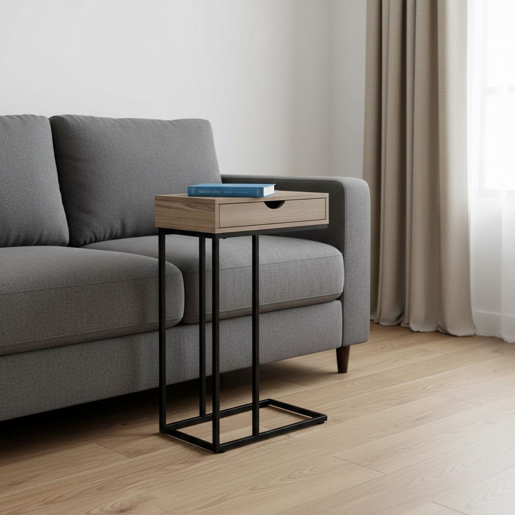 489689 24 in. Taupe & Black Laminate & Iron End Table with Drawer