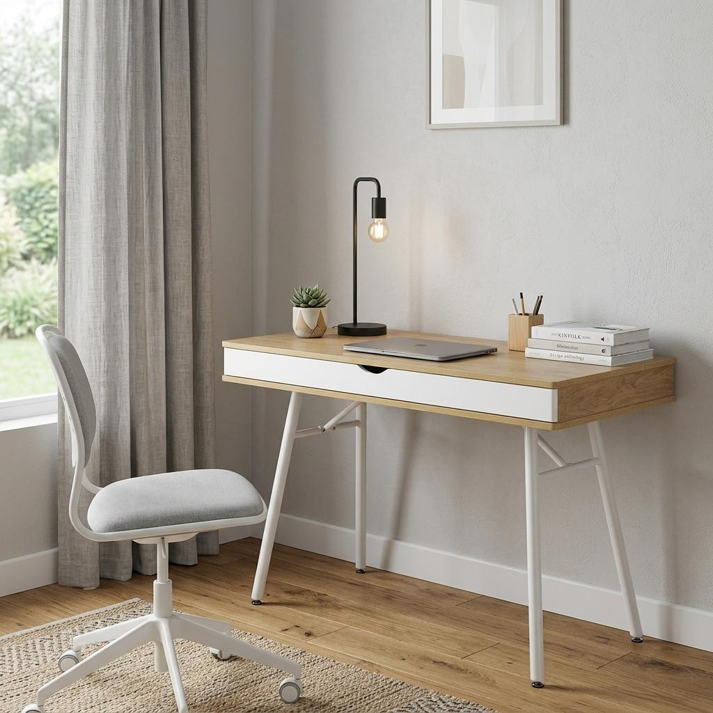 723726 45 in. Oak & White Wood & Steel Computer Desk