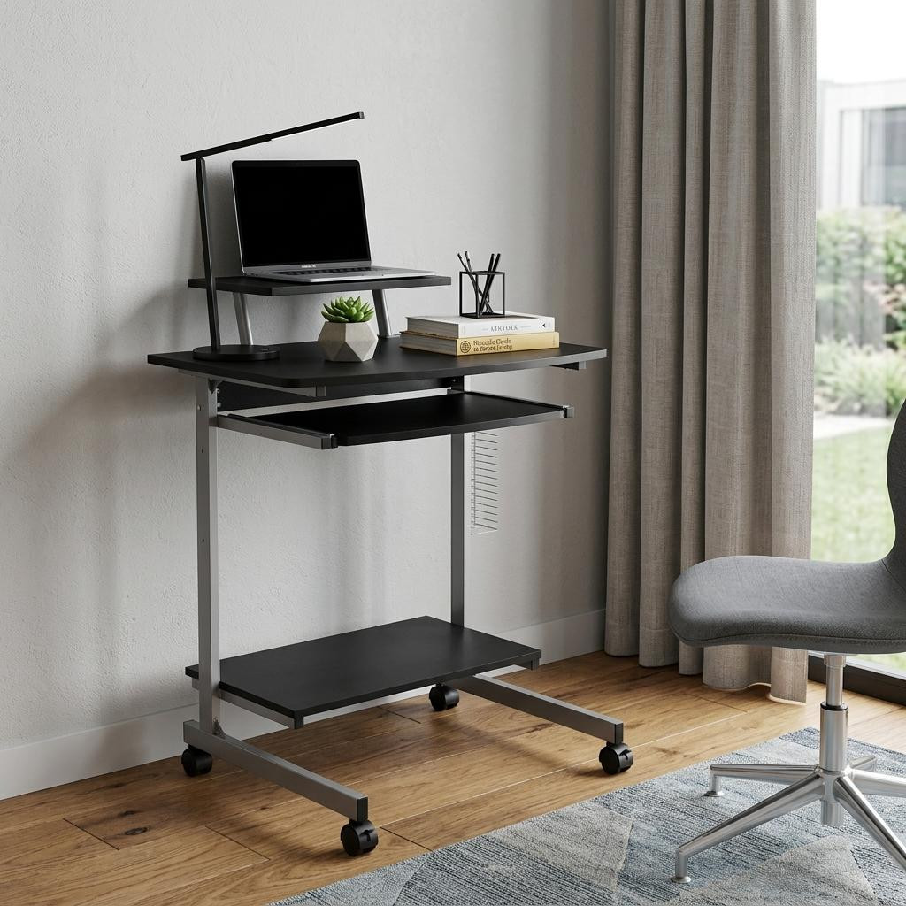 723728 29 in. Graphite & Silver Wood & Steel Rolling Computer Desk