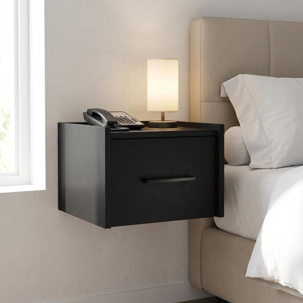 734198 14 in. Black Wood One Drawer Floating Nightstand