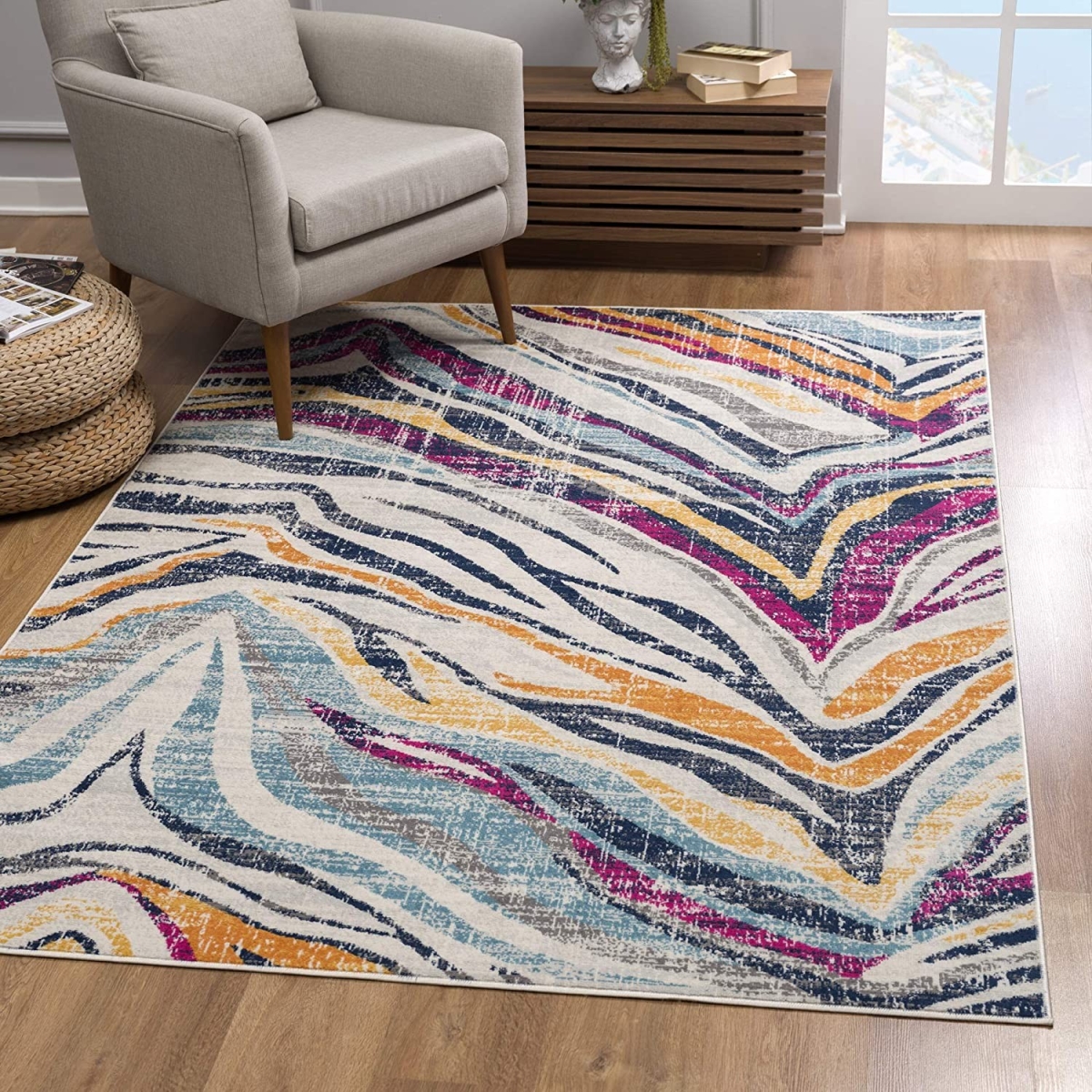 393136 2 x 5 ft. Distressed Tribal Rectangle Rug Zebra Pattern Rectangle Rug, Gold & Ivory