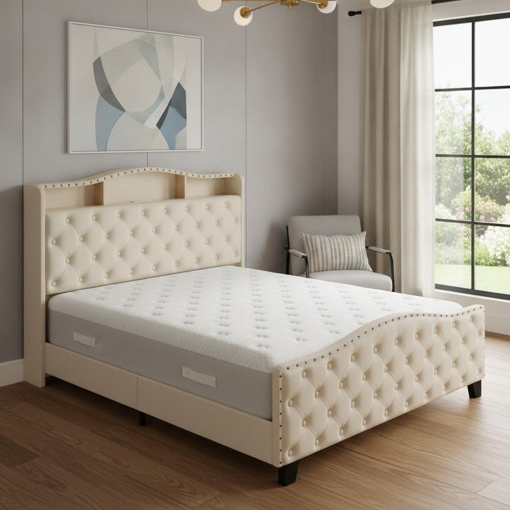 772597 Beige Tufted Velvet Upholstered Queen Size Bed Frame with Lights USB & Shelves