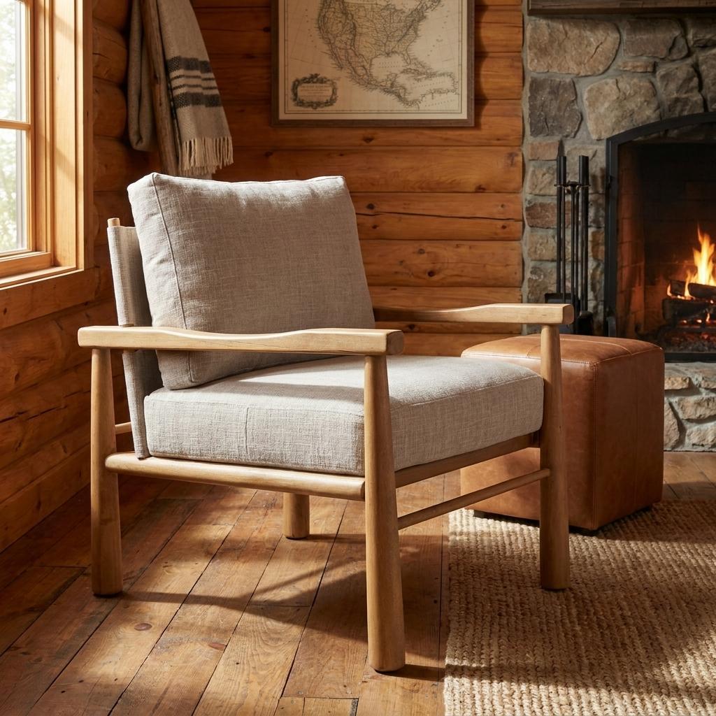 730533 30 in. Gray & Light Brown Fabric & Solid Wood Lounge Chair
