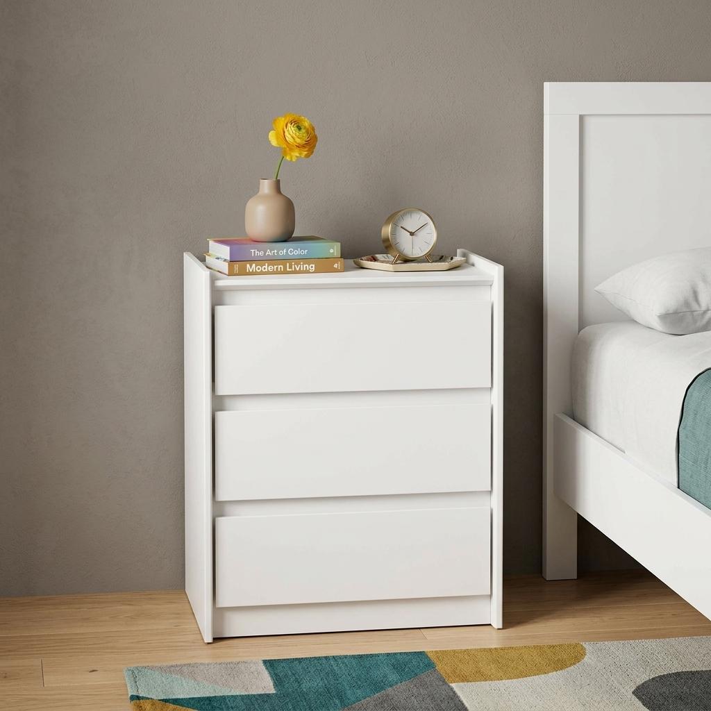 772557 24 in. White Wood Three Drawer Nightstand with USB Port & Integrated Tech