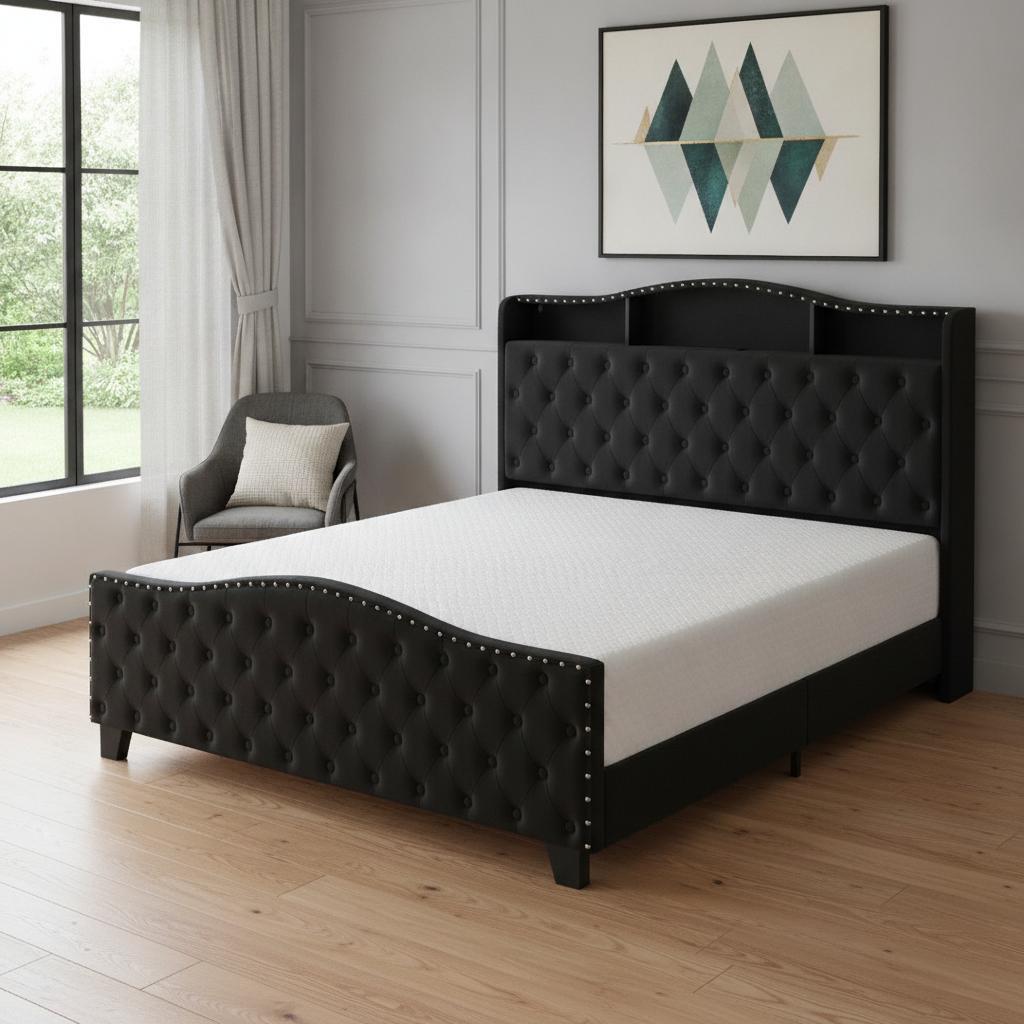 772600 Black Tufted Velvet Upholstered King Size Bed Frame with Lights USB & Shelves