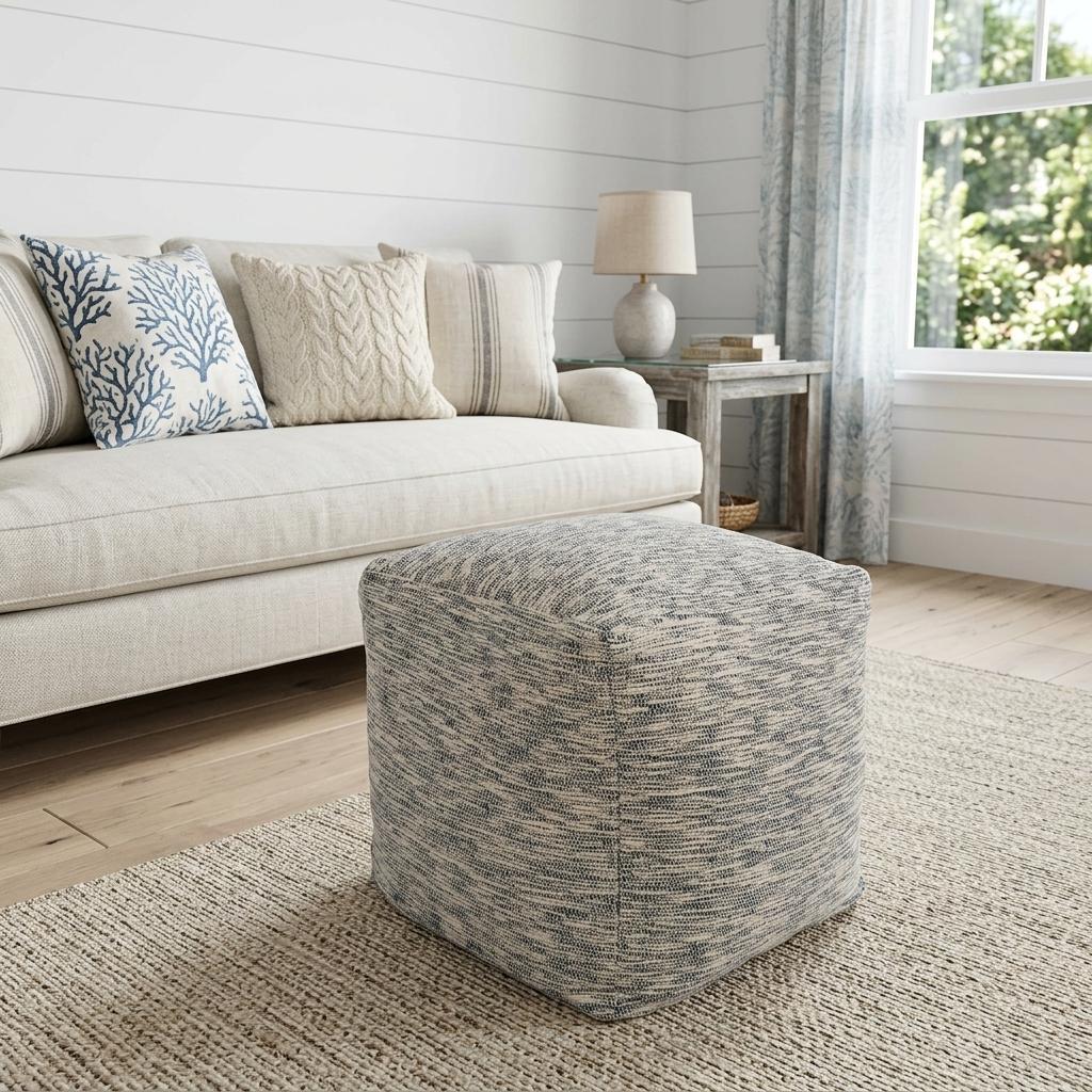 755494 18 in. Blue & Ivory Cotton Blend Striped Cube Pouf Ottoman