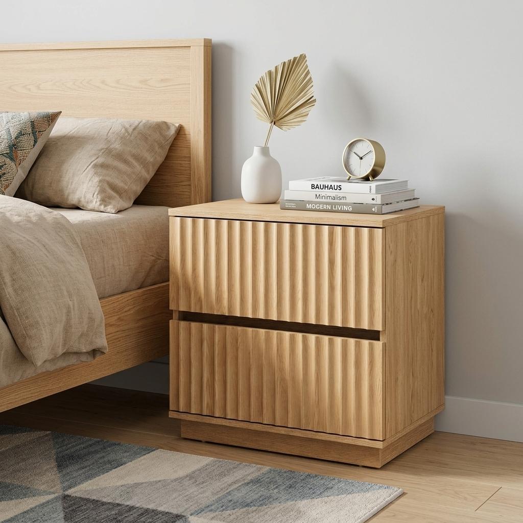772552 22 in. Natural Wood Ribbed Texture Two Drawer Nightstand