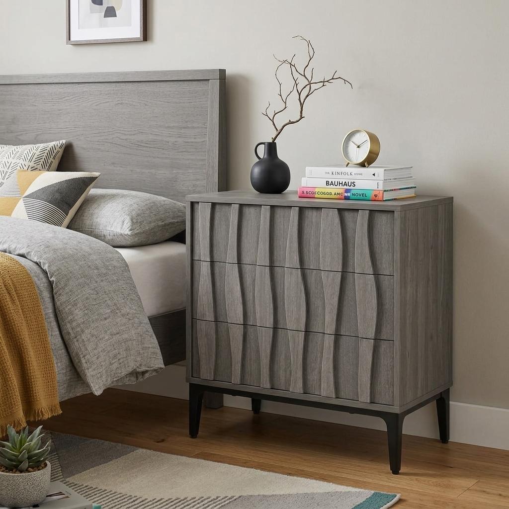 772579 26 in. Gray Wood Carved Abstract Three Drawer Nightstand