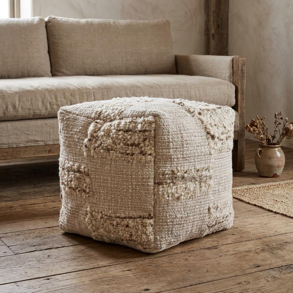 710409 18 in. Off White & Natural Cotton Jute & Wool Checkered Cube Pouf Ottoman
