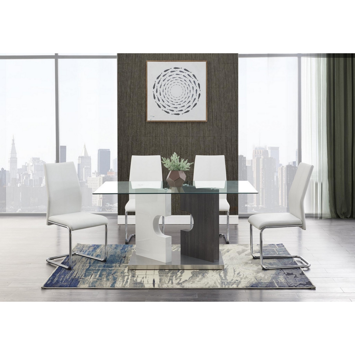 30 x 36 x 59 in. Contemporary Puzzle Double Base Glass Dining Table, Gray & White