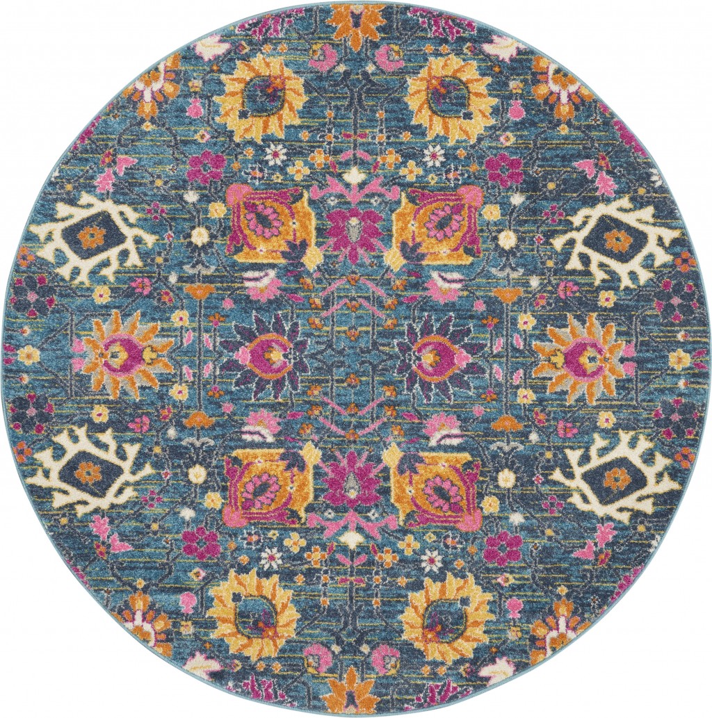 385177 5 ft. Round Denim Blue Florals Distressed Area Rug