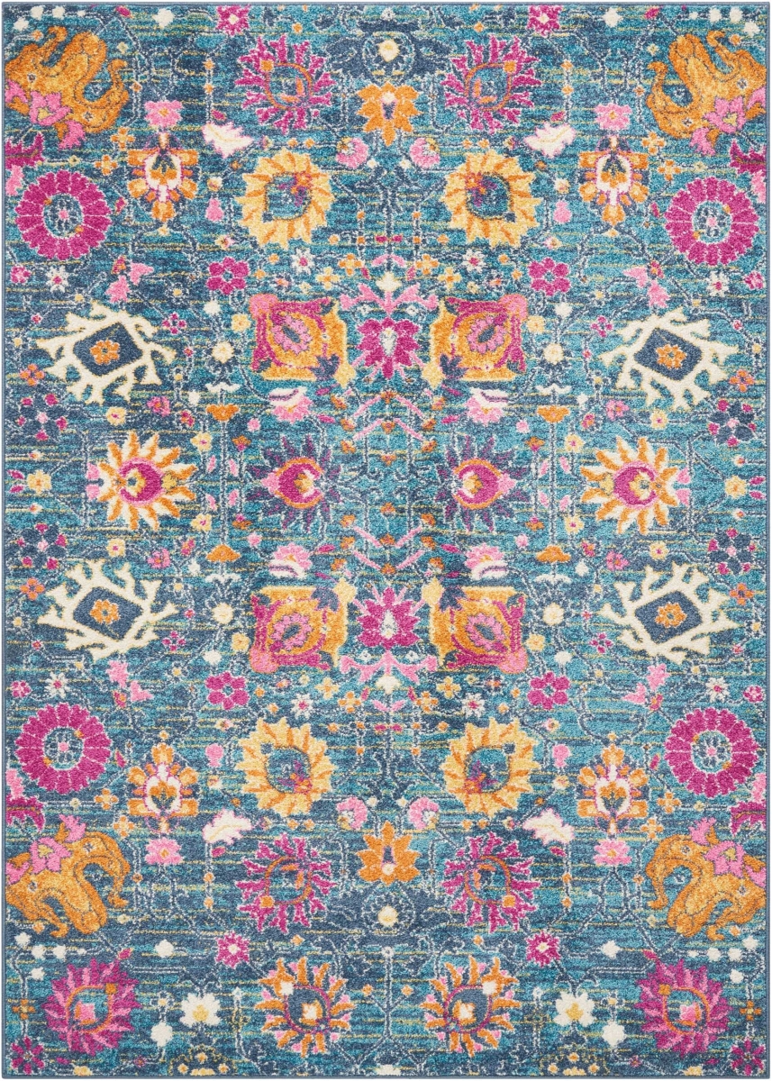 385179 7 x 10 ft. Denim Blue Florals Distressed Area Rug