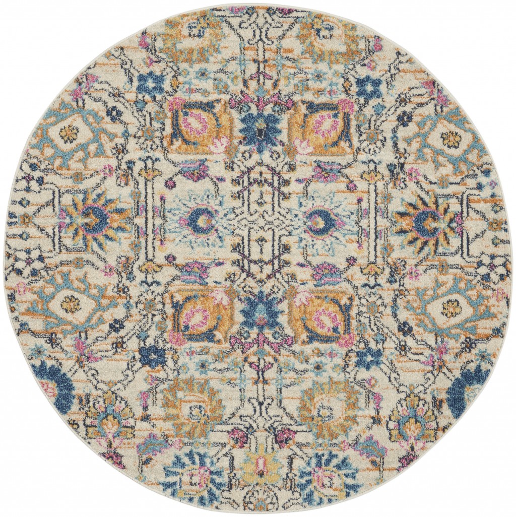 5 ft. Round Ivory & Multi Color Floral Buds Area Rug