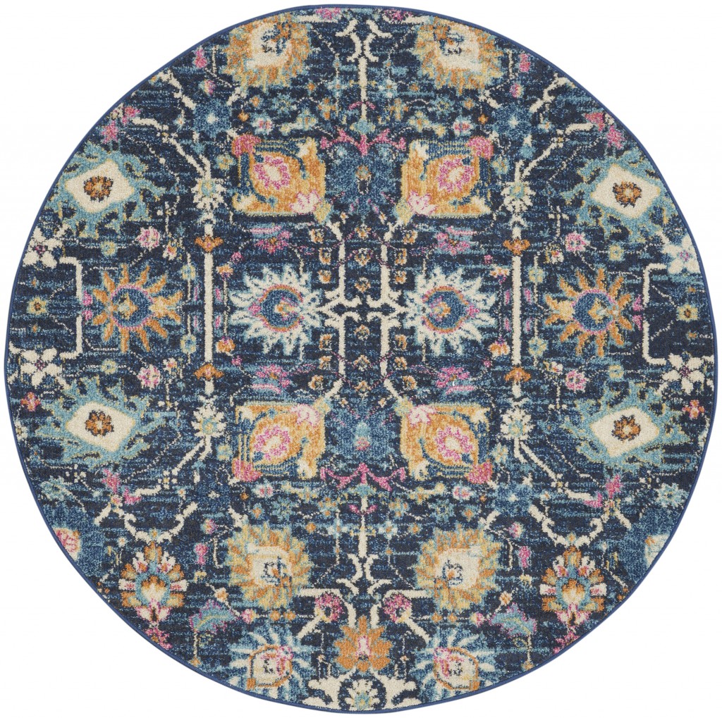 385237 5 ft. Round Navy Blue Floral Buds Area Rug