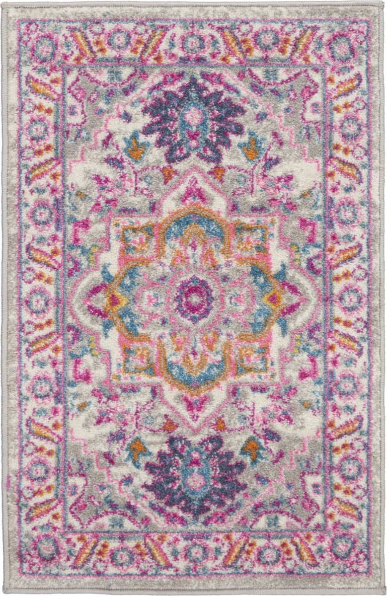 385491 2 x 3 in. Medallion Scatter Rectangle Area Rug, Light Gray & Pink