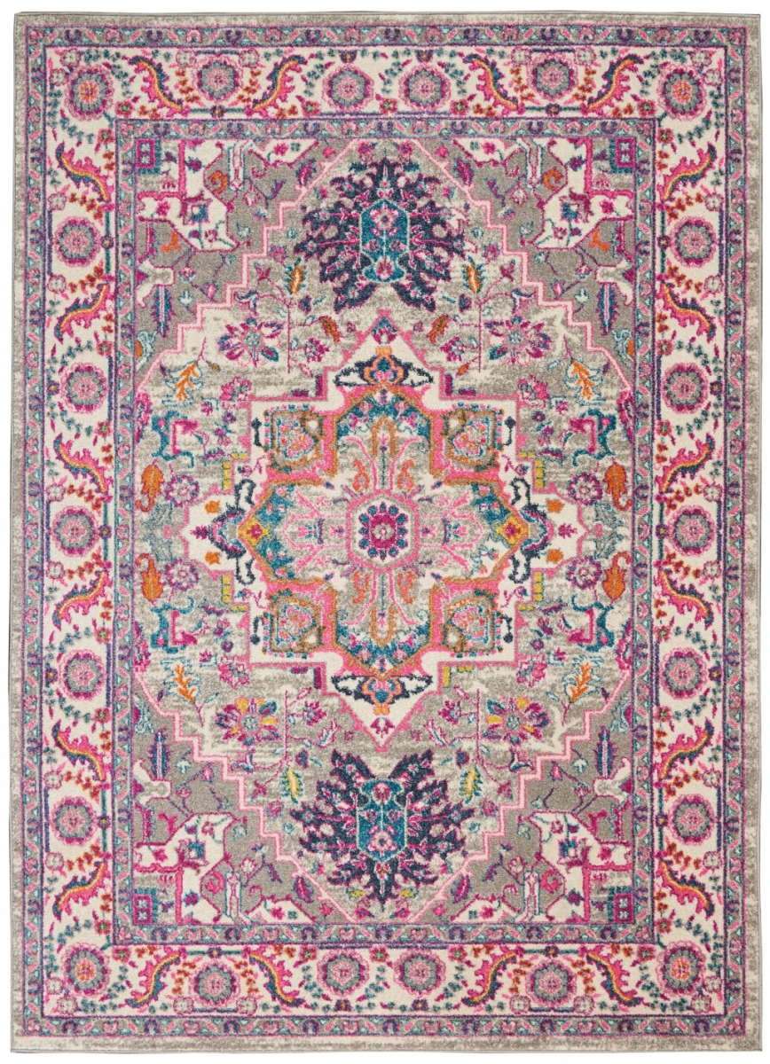 4 x 6 ft. Medallion Rectangle Area Rug - Light Grey & Pink