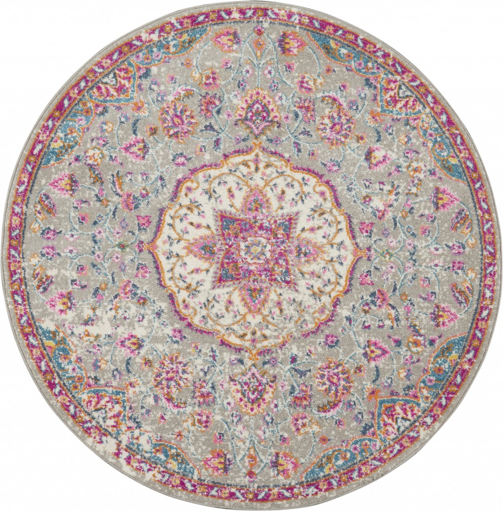 385522 5 ft. Round Gray & Pink Medallion Area Rug