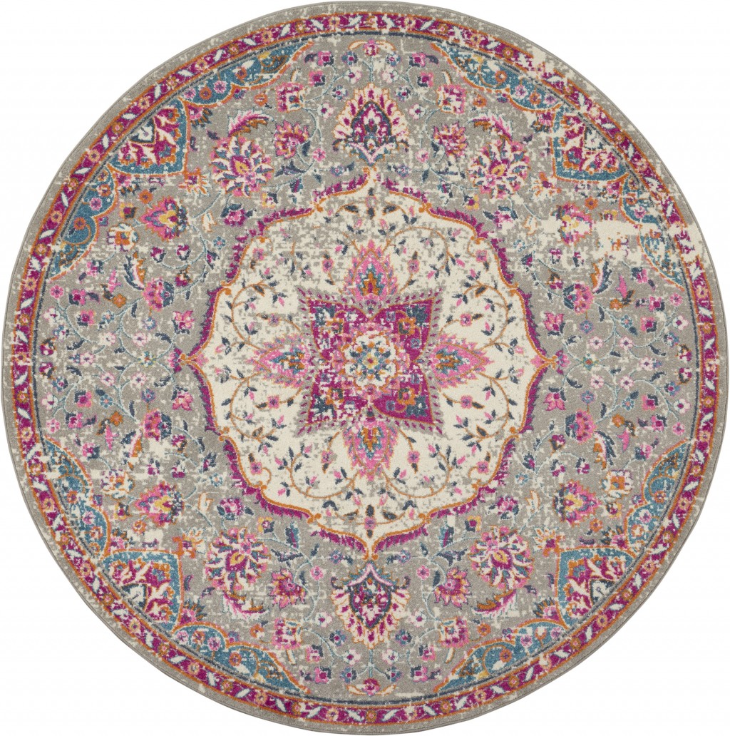 8 ft. Round Gray & Pink Medallion Area Rug