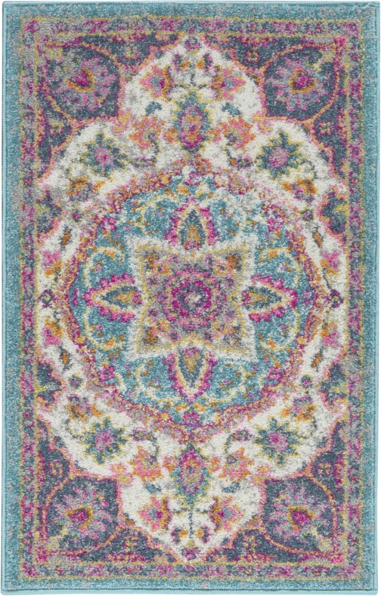 2 x 3 ft. Pink & Blue Floral Medallion Scatter Area Rug