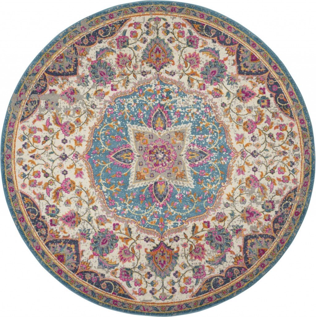 4 ft. Round Pink & Blue Floral Medallion Area Rug