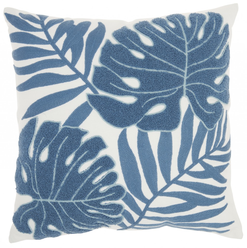 Picture of Homeroots 386249 18 x 18 in. Tropical Leaves Throw Pillow&#44; Blue & Ivory