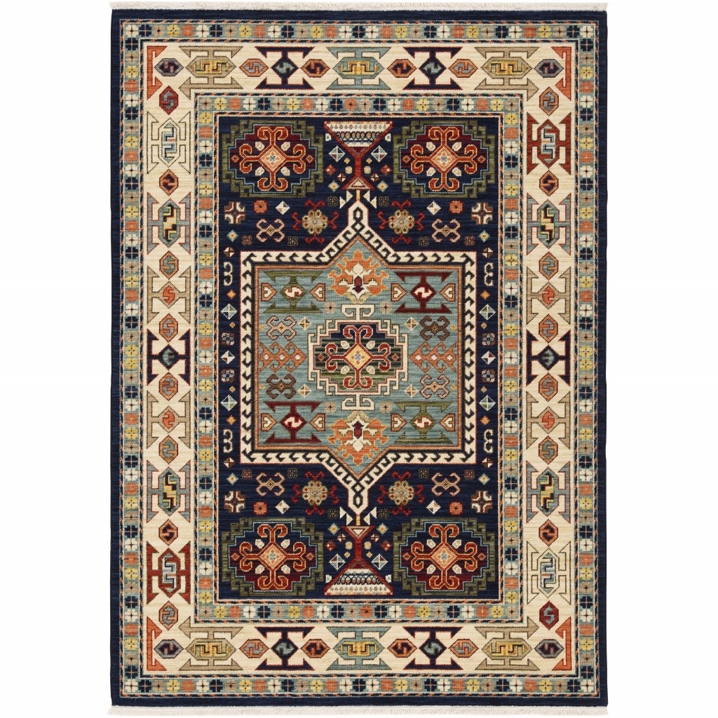 2 x 3 ft. Blue Ivory Machine Woven Medallion Indoor Area Rug