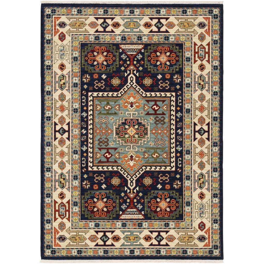 388369 5 x 8 ft. Blue Ivory Machine Woven Medallion Indoor Area Rug