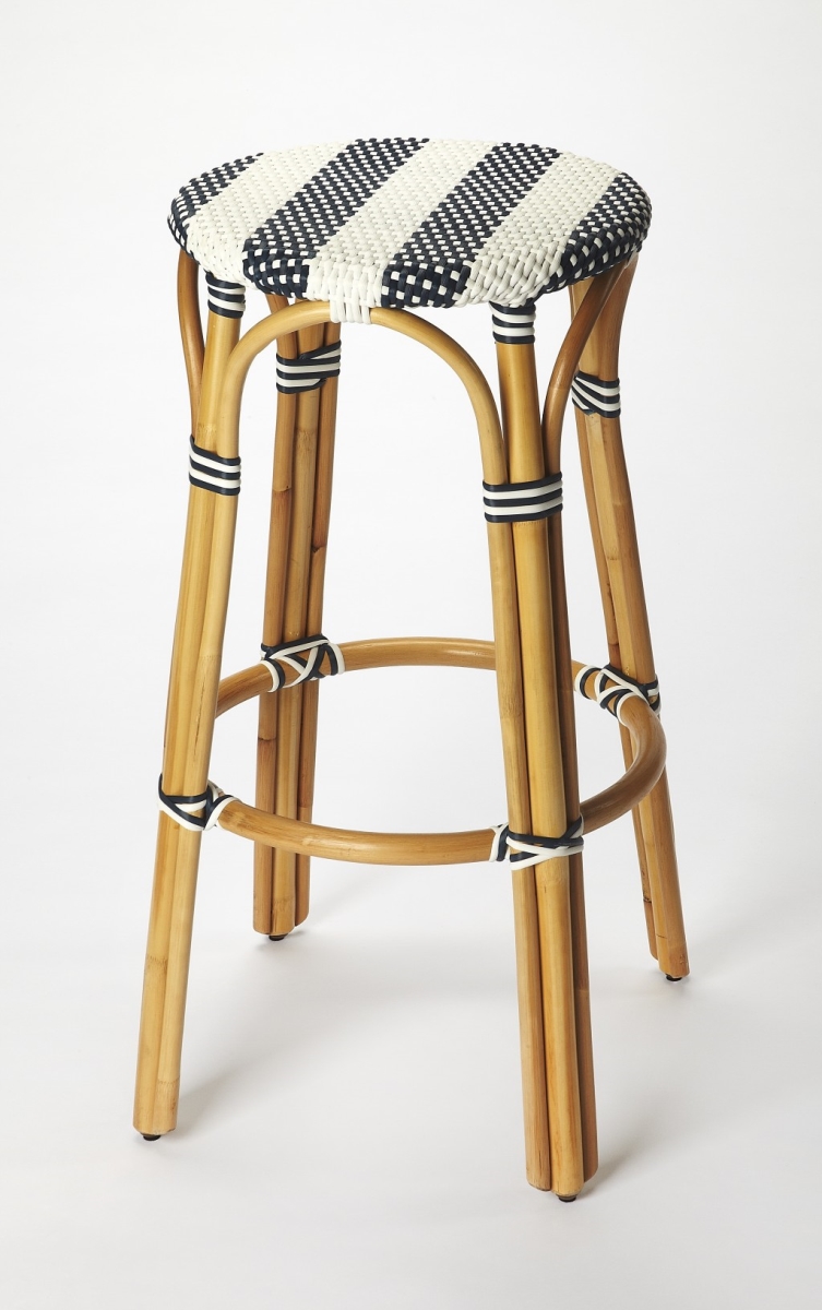 Picture of HomeRoots 389081 Rattan Bar Stool&#44; Navy Blue & White