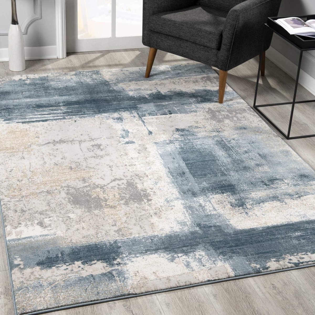390601 5 x 8 ft. Cream & Blue Abstract Patches Area Rug